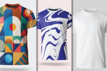 Three Men’s Crew Neck T-Shirt Mockup PSD examples displayed: one with a colorful geometric pattern, one with a blue and white abstract design, and one plain white.