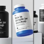 A black and a blue supplement container jar mockup PSD with white labels, and several black and white jars on white risers in the background.