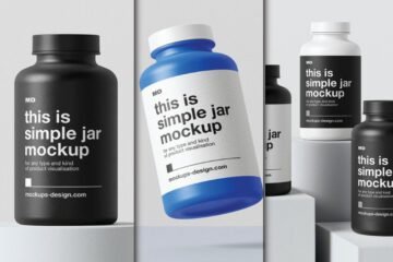 A black and a blue supplement container jar mockup PSD with white labels, and several black and white jars on white risers in the background.