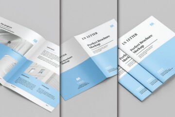 An open A4 Bi-Fold Brochure Mockup PSD displaying inner pages with text and graphics on a plain background.