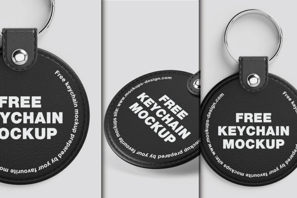 Three views of a round black leather keychain mockup PSD, two flat views showing the front and back, and one angled view.