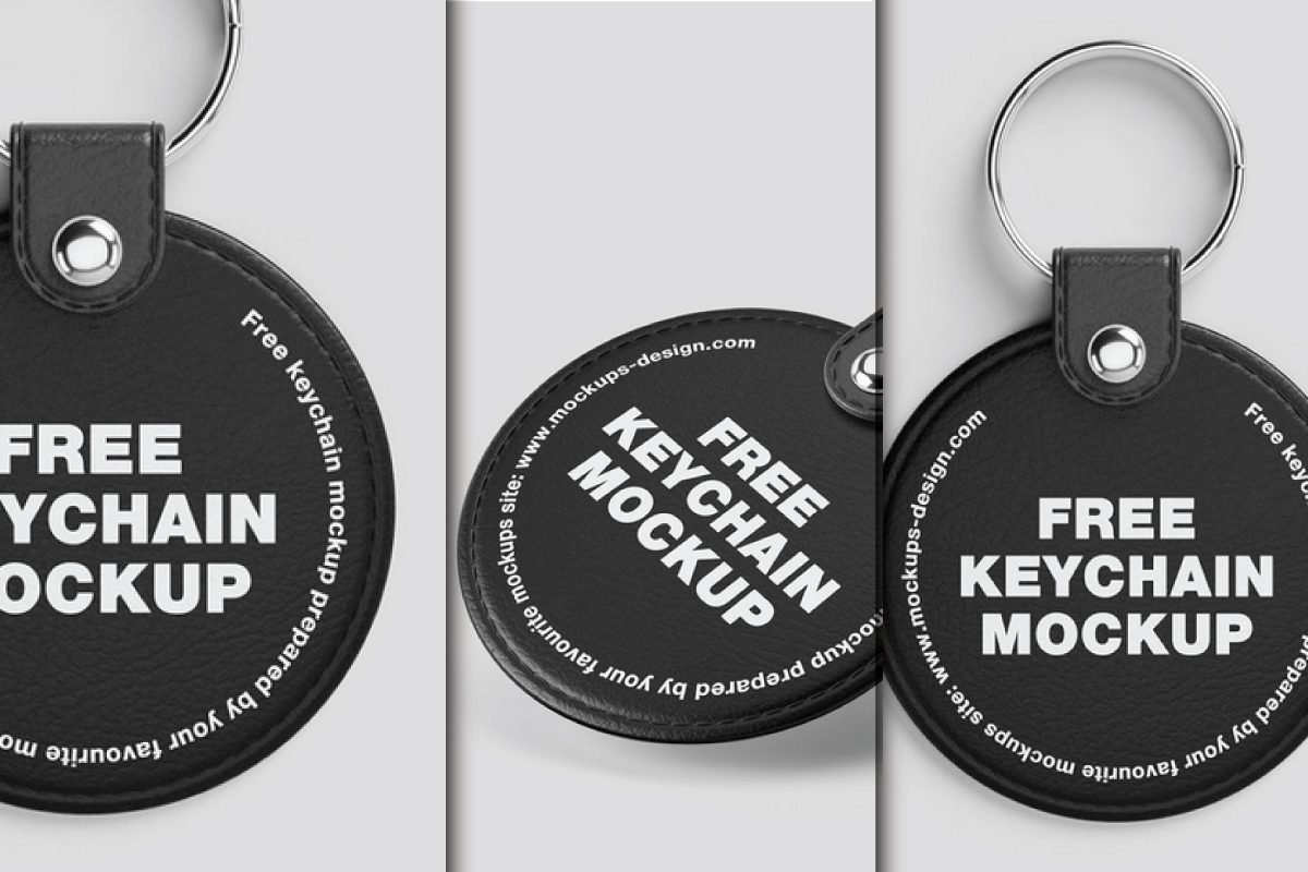 Three views of a round black leather keychain mockup PSD, two flat views showing the front and back, and one angled view.