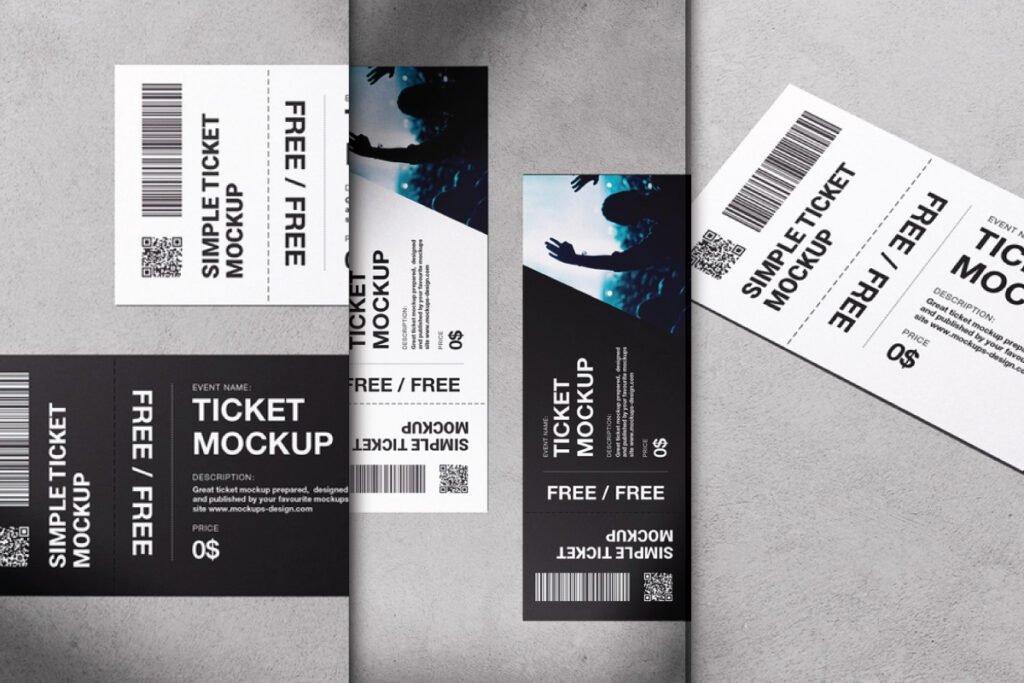 Various layouts of black and white editable concert ticket mockup PSDs, some flat and some angled, featuring barcodes, QR codes, and event details.