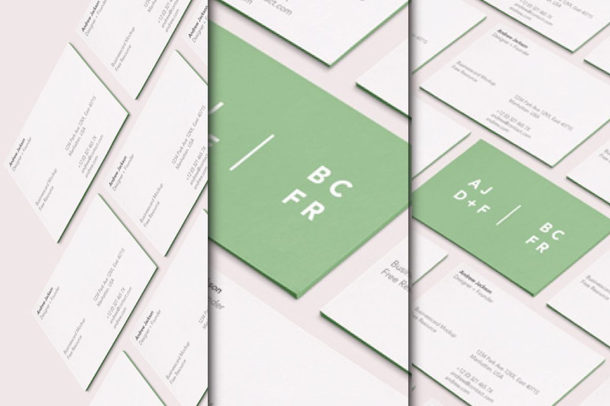 Multiple white and green business cards arranged in a grid perspective business card mockup PSD, showcasing various contact information and design layouts.