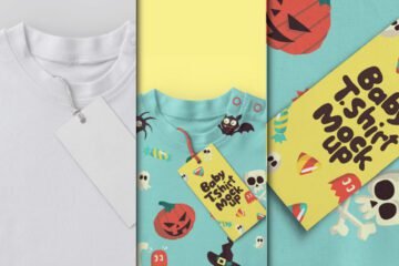 A white Baby Tee with Hang Tag Mockup PSD featuring a blank tag, a light blue Baby Tee with Hang Tag Mockup PSD showcasing Halloween graphics and a yellow tag, and a detail view of the Halloween-themed baby tee.