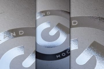 Three panels showcasing a close-up of a Silver Glossy Foil Logo MockUp PSD, highlighting the metallic sheen and texture of a G-shaped logo.
