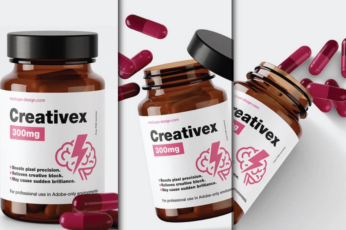 Pharmaceutical Capsule Jar Mockup PSD: Three views of a Creativex supplement bottle with pink capsules.