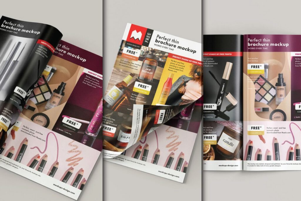 Single fold magazine style brochure mockup open to display inner pages.