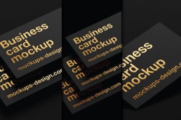 Multiple black matte business card mockups with gold embossed text, fanned out.