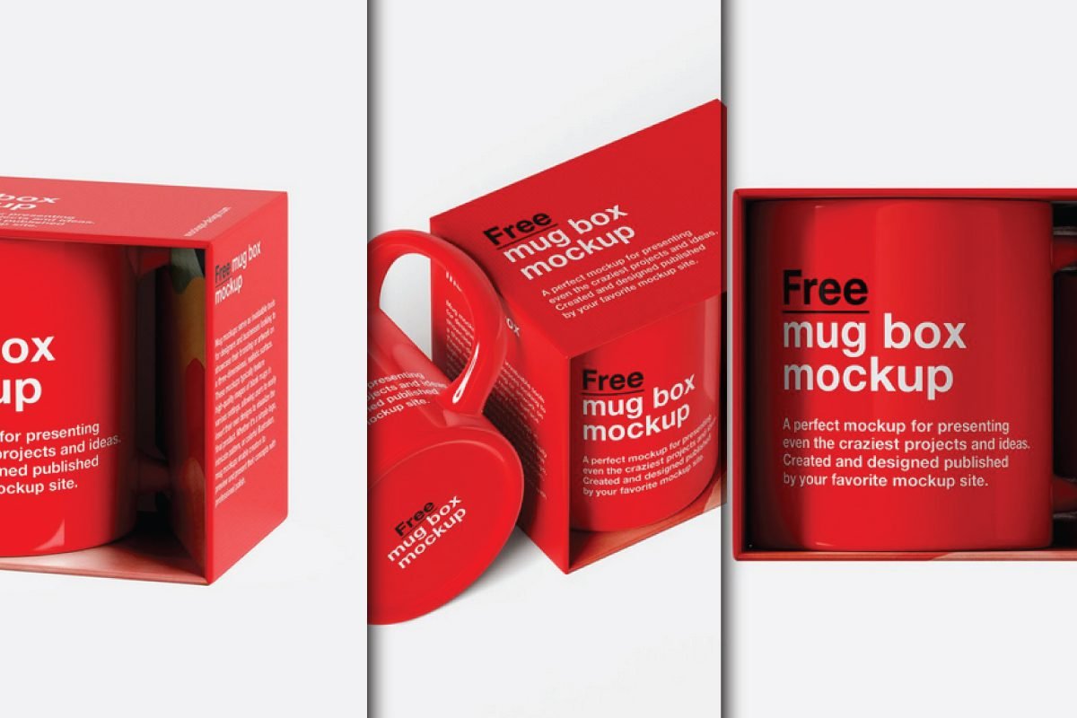 Red mug with branded rectangular box mockup, displayed in three angles.