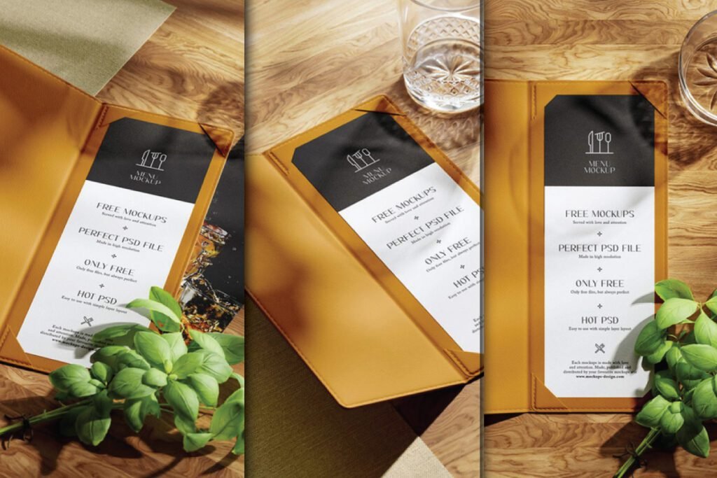 Bistro single fold menu card mockup in a leather holder, with basil and a glass.