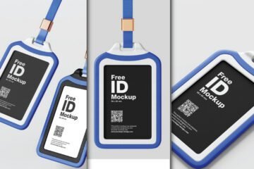 Professional ID Card Mockup PSD with blue lanyard and holder, shown in three perspectives.