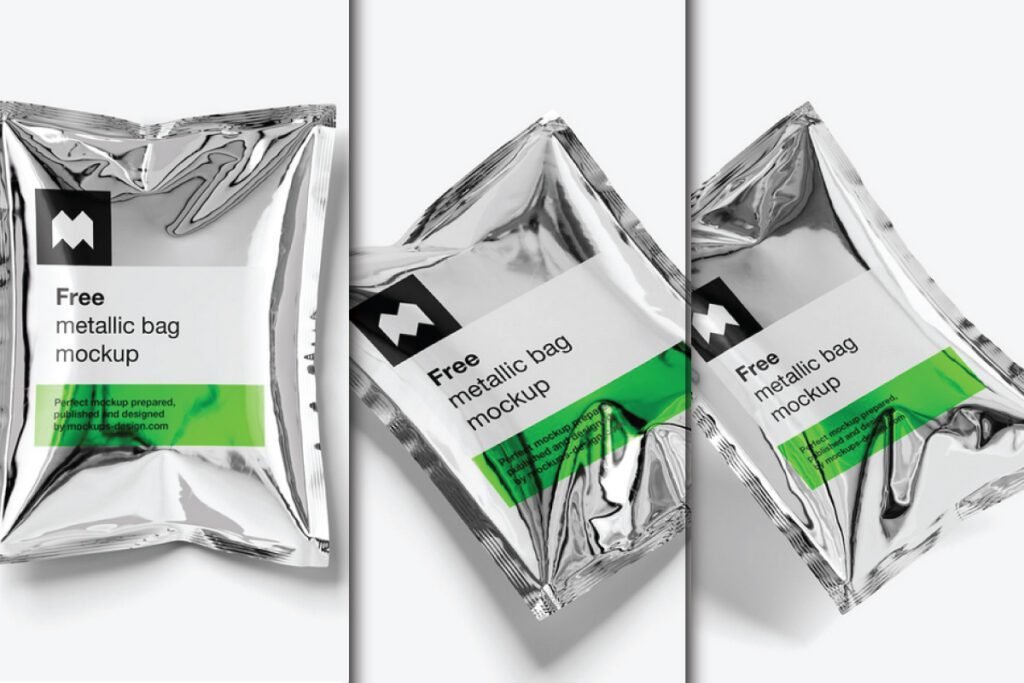 Three aluminum foil packaging bag mockups with green accents, displayed at various angles.