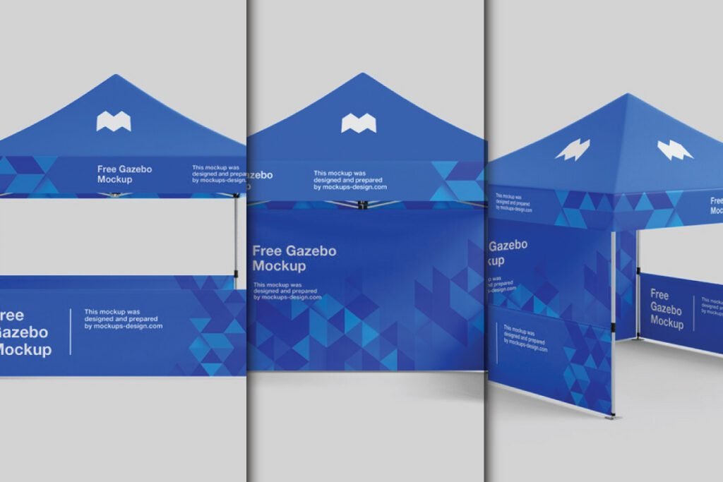 Three views of an Outdoor Promotional Gazebo Mockup PSD, showing different angles of the blue canopy.