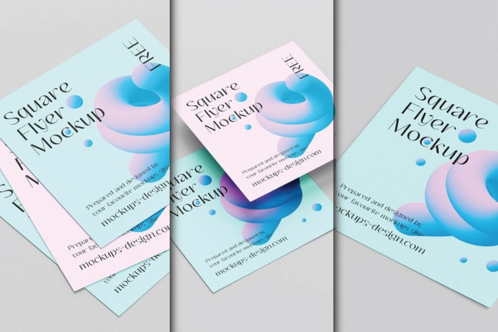 Square Social Media Flyer Mockup PSD, showing multiple pink and blue flyers with abstract designs.