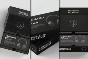 Corrugated Headphone Box Mockup PSD: Three views of a black unboxing experience with headphones.