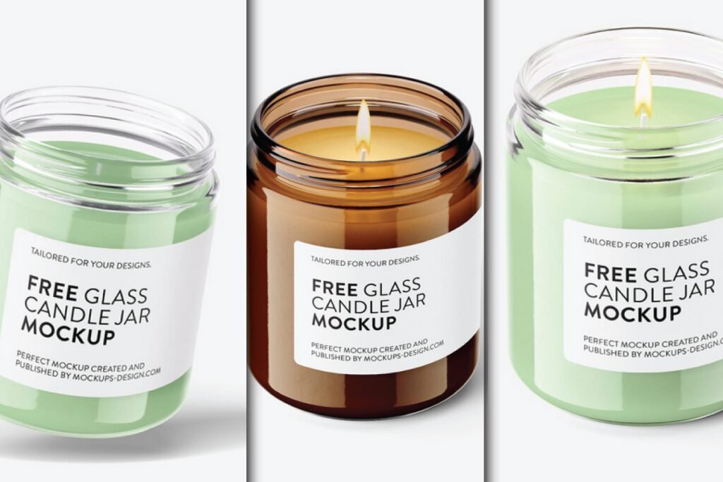 Scented Candle Glass Jar Mockup PSD: Three different views of candle jars, one lit, for product design.