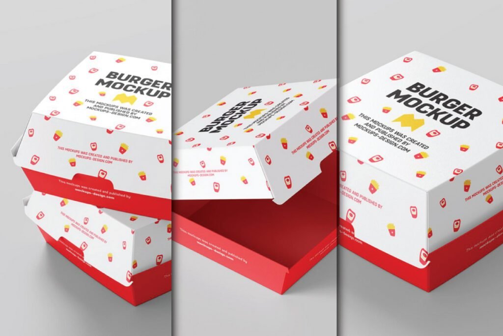 Realistic Fast Food Box Mockup PSD: Three views of white and red burger boxes with fry and ketchup icons.