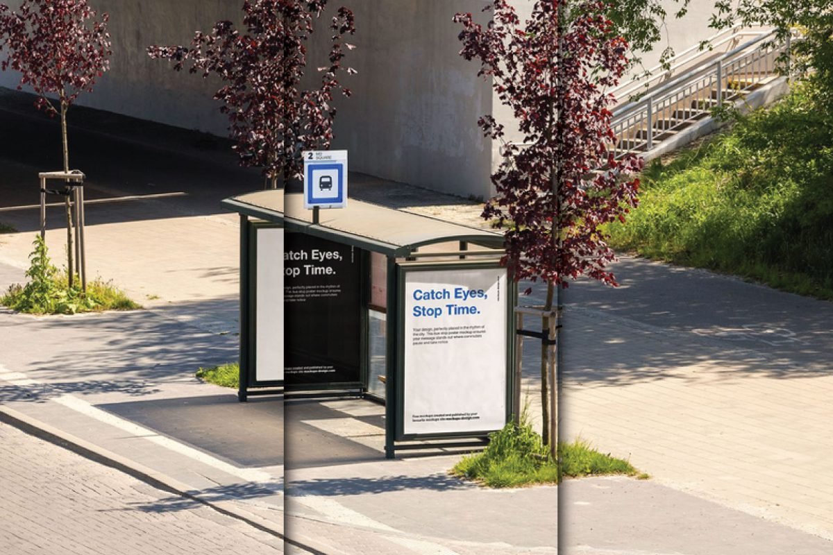 City Bus Stop Poster Mockup PSD: A bus shelter with two customizable ad panels and surrounding trees.