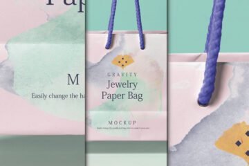 A multi-panel Shopping Bag Mockup featuring a pink "Jewelry Paper Bag" with watercolor designs and purple rope handles. The central panel shows the full bag, while side panels offer close-ups of the design.