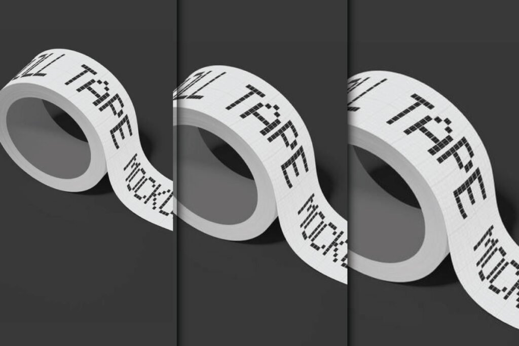 Three rolls of white tape with black text "ROLL TAPE MOCKUP" repeating along their length, displayed diagonally against a dark gray background.
