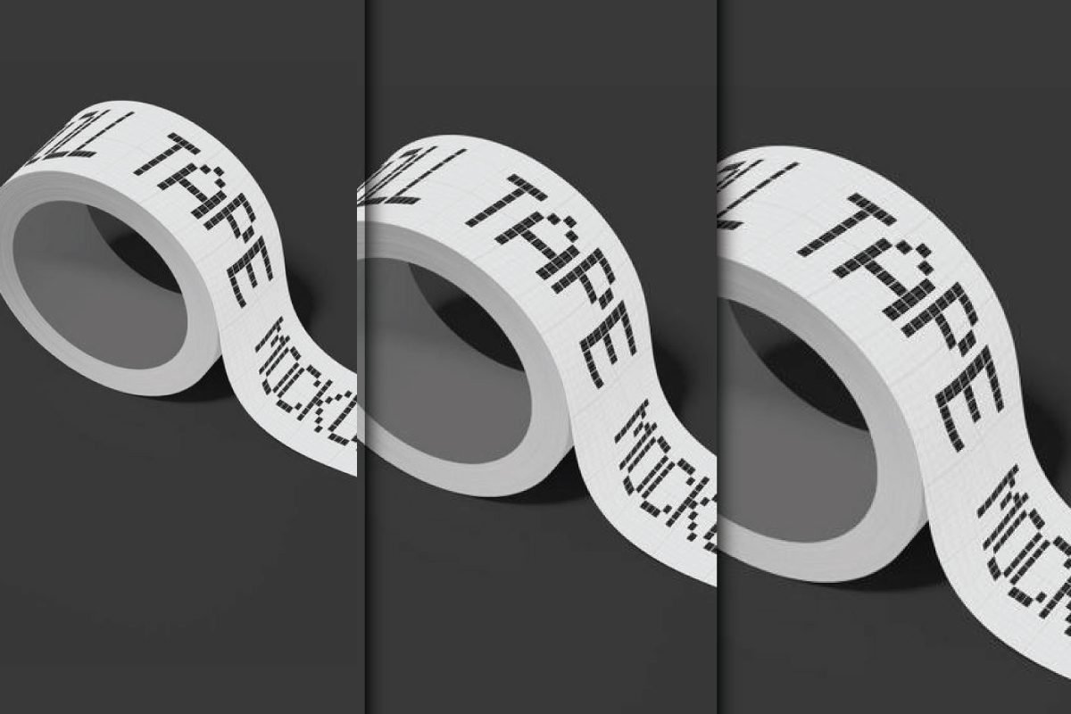 Three rolls of white tape with black text "ROLL TAPE MOCKUP" repeating along their length, displayed diagonally against a dark gray background.