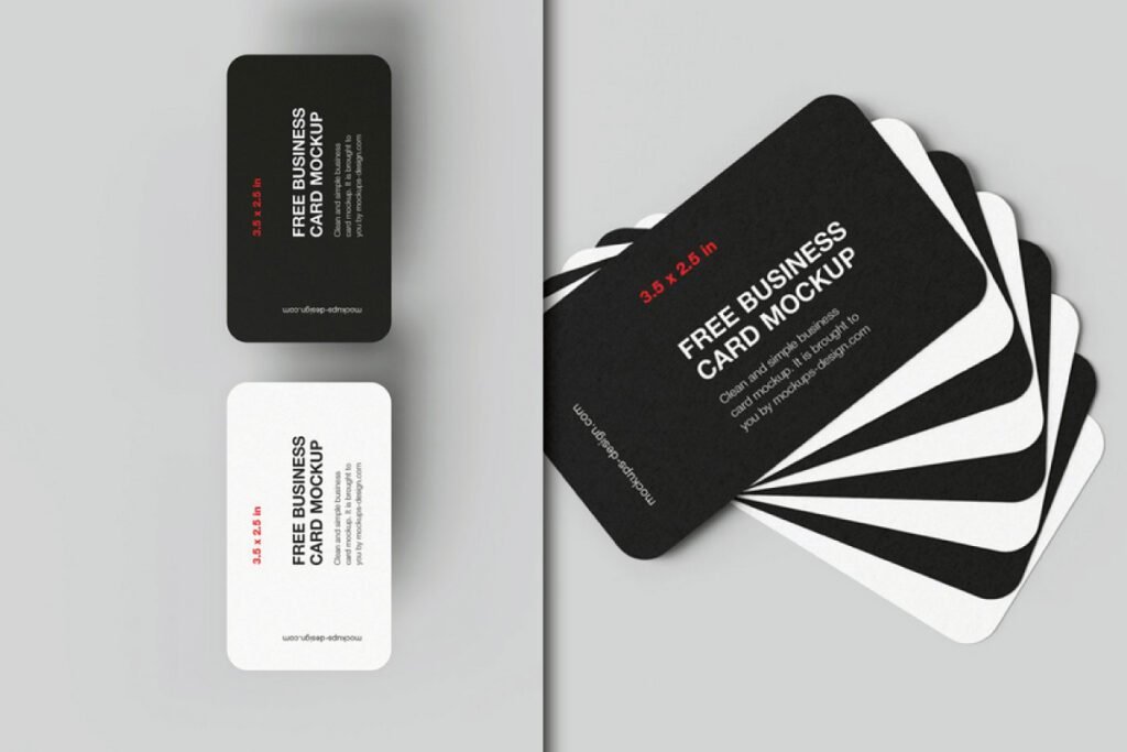 A two-part image showing rounded corner business card mockups: a vertical stack of black and white cards, and a fanned spread of cards, all marked FREE BUSINESS CARD MOCKUP.