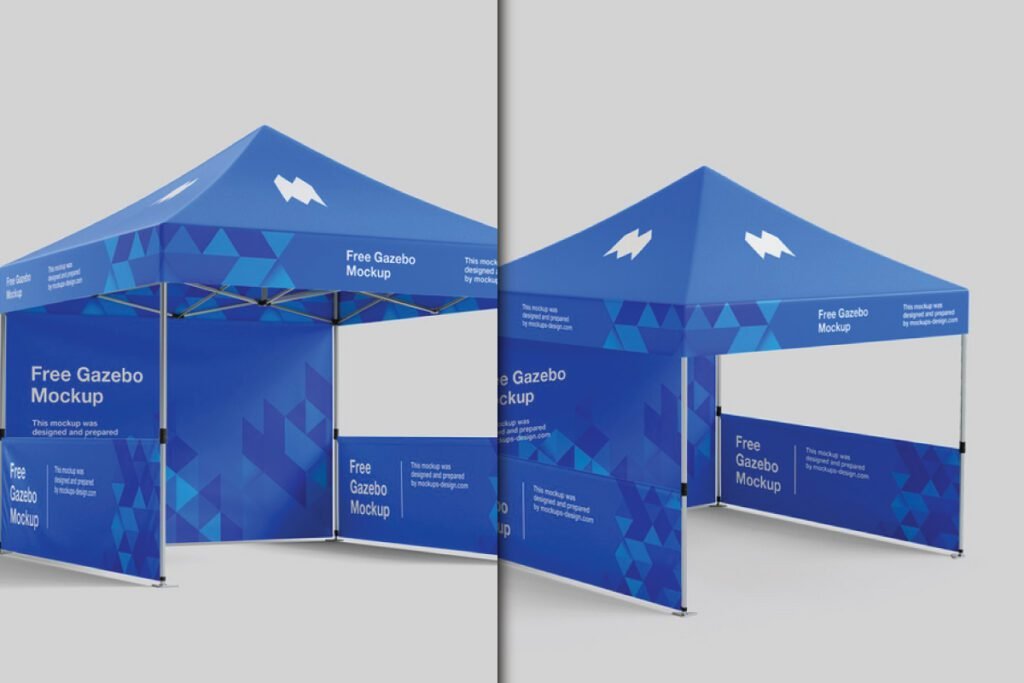 Outdoor Promotional Gazebo Mockup PSD in blue, displayed from two different angles.