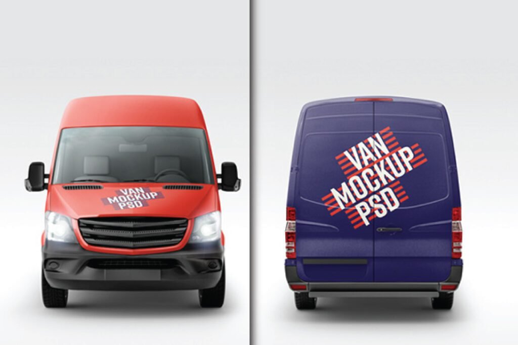 Multiple Angle Van Wrap Mockup PSD displays a red van from its front and back, with the back being blue and featuring red and white graphic text.