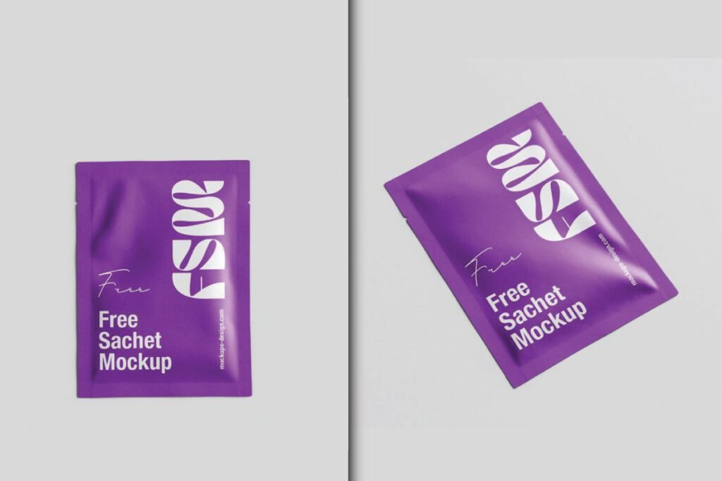 Two purple sachet mockups, one flat and one angled, both featuring "Free Sachet Mockup" text.