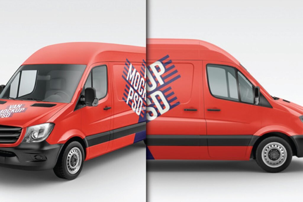 : Multiple Angle Van Wrap Mockup PSD displays a red van from a front-angled view and a side profile, both showing diagonal blue and white VAN MOCKUP PSD graphics.