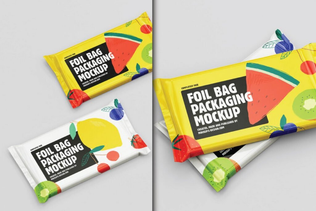 Realistic Candy Bar Mockup PSD displaying various angles of foil packaging, perfect for food product visualization.