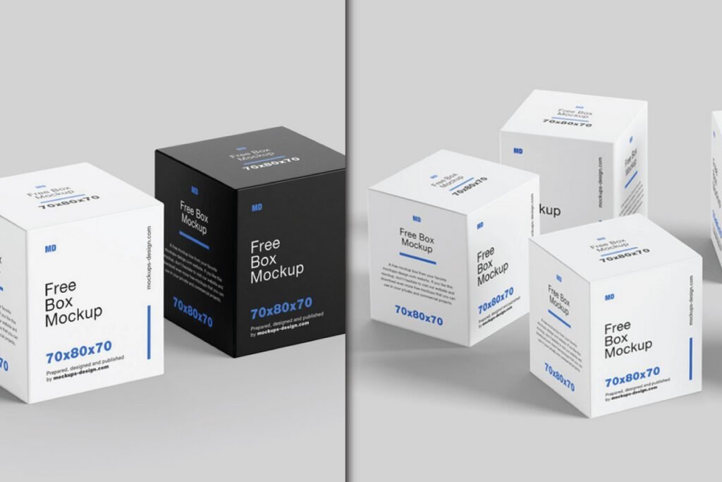 A set of Cube Box Packaging Mockup PSDs, featuring both white and black cube boxes with text Free Box Mockup, MD logo, and dimensions 70x80x70.