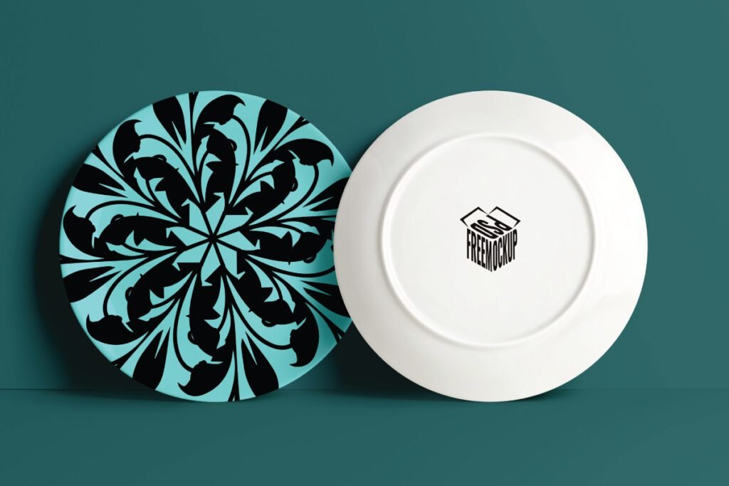 Best Realistic Ceramic Plate Wrap Mockup PSD displays two ceramic plates; one with a black floral pattern on a teal background, and the other showing its white underside with a black box logo.