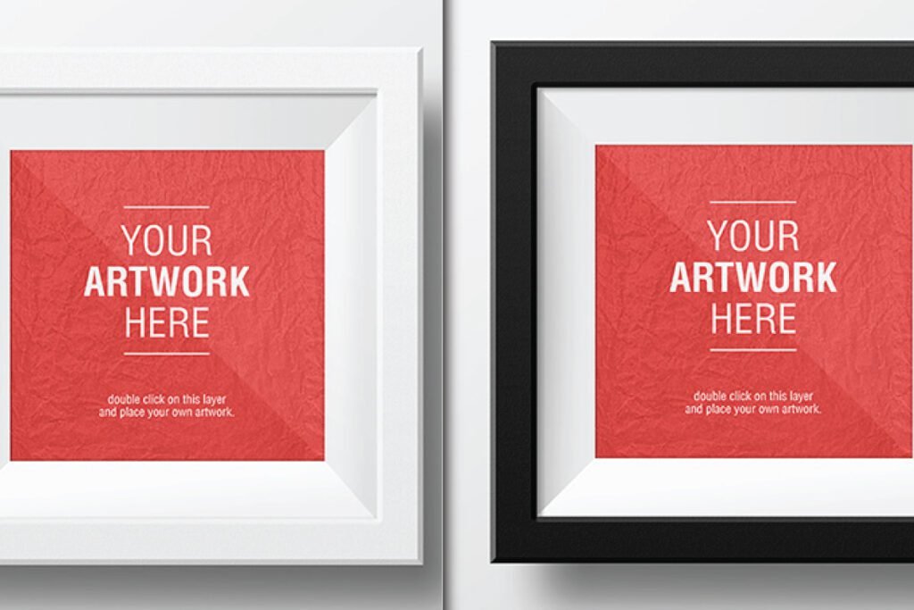 White and Black Artwork Frame Mockups PSD shows a white framed artwork with a red crumpled paper texture, featuring the text YOUR ARTWORK HERE, displayed next to a black framed artwork with the same design.