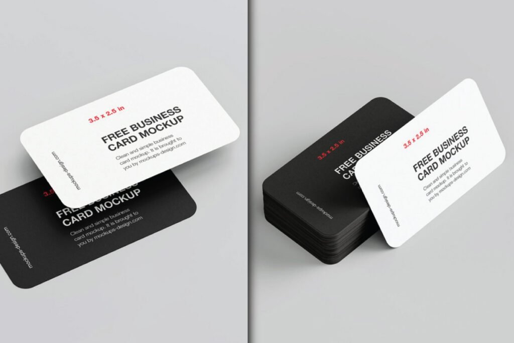 Two arrangements of rounded corner business card mockups: a white card over a black one, and a white card atop a stack of black cards. Both show FREE BUSINESS CARD MOCKUP.