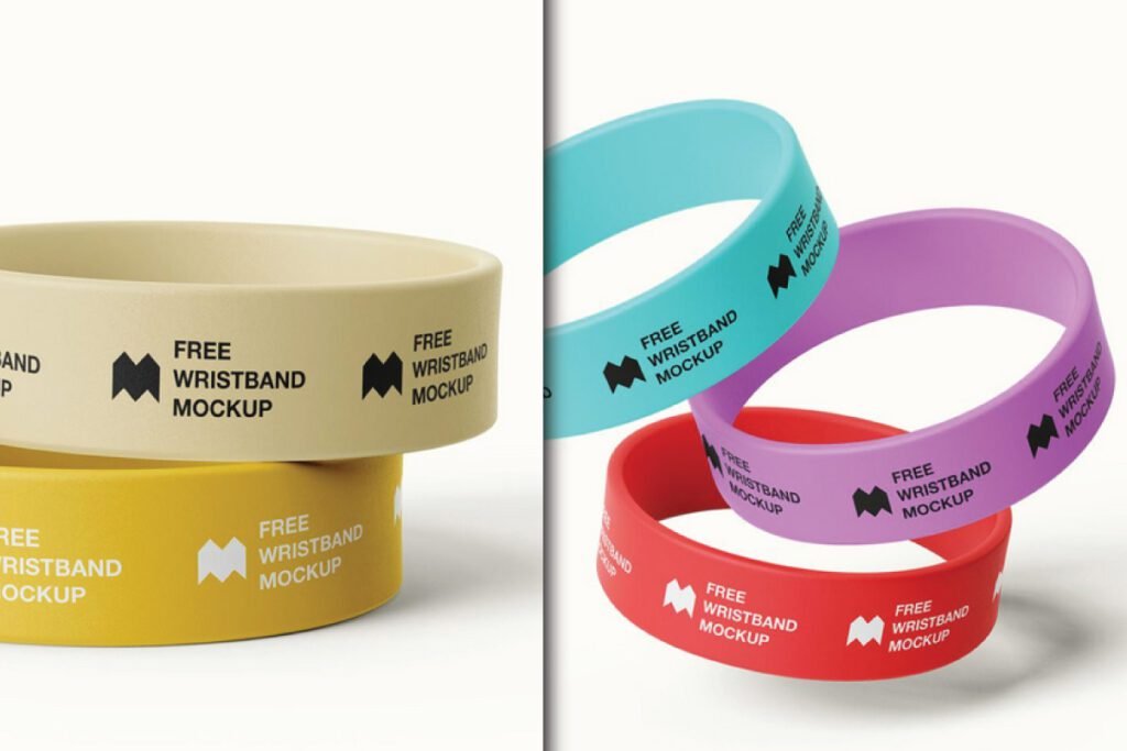 A stack of beige and yellow silicone rubber wristbands on the left, and a floating group of blue, purple, and red silicone rubber wristbands on the right, all displaying the text "FREE WRISTBAND MOCKUP", showcasing the Silicone Rubber Wristband Mockup PSD.