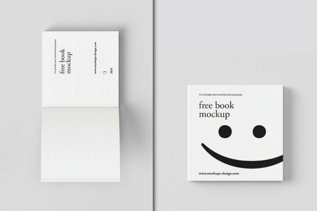 Two square book mockups, one closed showing a smiley face, and one open.