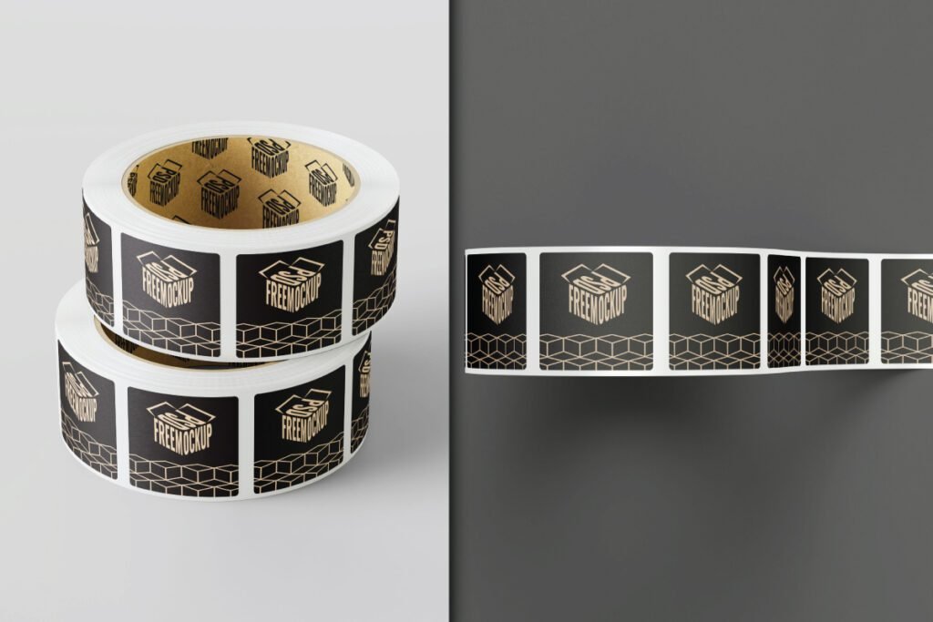 A two-part image showing two Sticker Roll Mockup PSD of black and gold square stickers on the left, and an unrolled strip of the same stickers on the right.