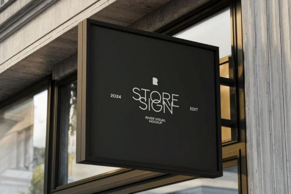 Black Square Facade Sign Mockup Building