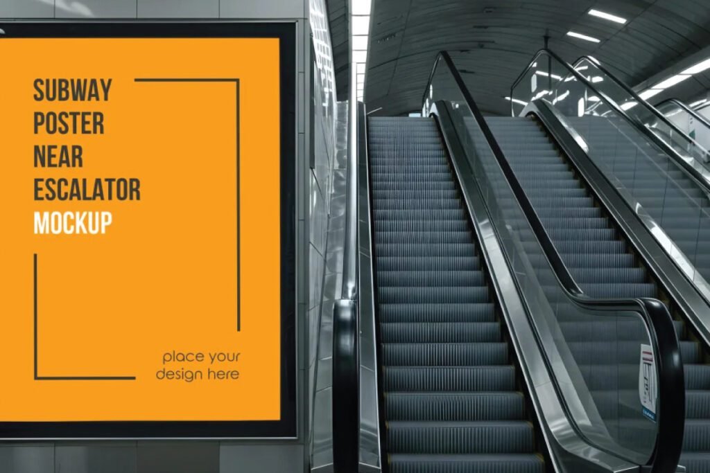 Subway Poster Mockup with an orange blank advertisement next to a long escalator in a modern station
