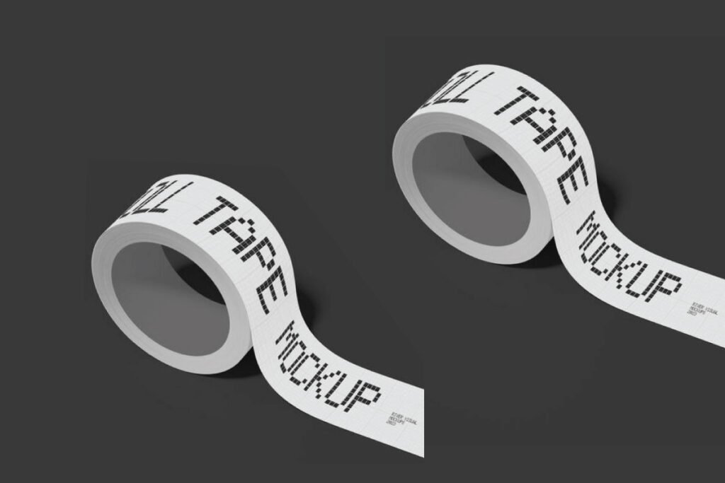 Two white rolls of tape with black "ROLL TAPE MOCKUP" text unrolling diagonally on a dark gray background.