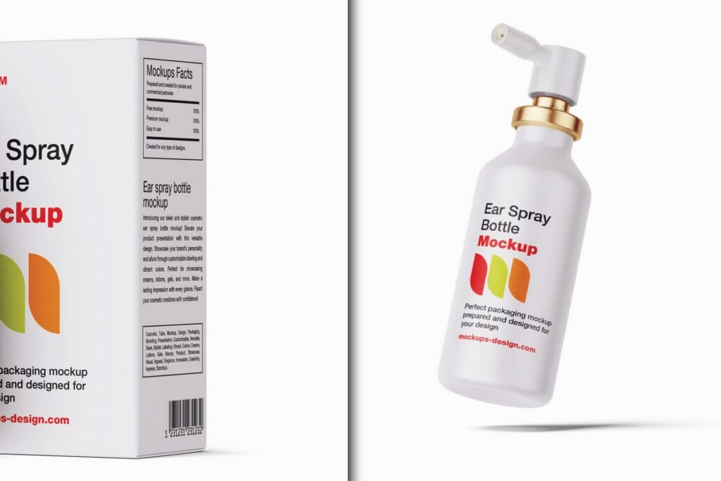 A white Ear Spray Bottle Mockup PSD with a gold neck and a white product box, showcasing a Hair and Ear Spray Bottle Mockup PSD.