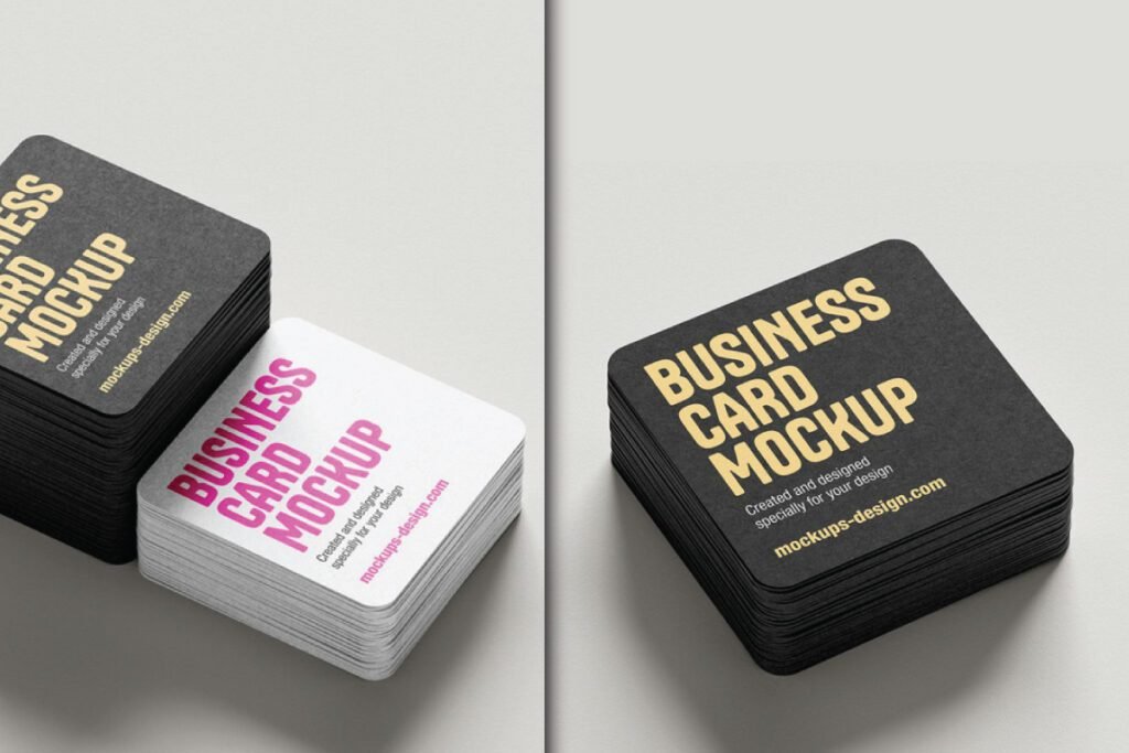 Stacks of square rounded business cards in black and white with pink text, showcasing a "Square Rounded Business Cards Mockup PSD."