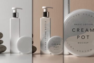 Three mockups showcasing a white cream lotion bottle with a pump dispenser and a round cream pot, with varying labels and backgrounds.