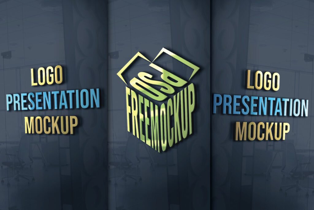 A three-panel Glass Wall Logo MockUp displaying a central 3D "PSD FREEMOCKUP" logo in green and yellow, flanked by two panels with "LOGO PRESENTATION MOCKUP" text in gold and blue, all against a blurred office interior background visible through glass.