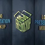 A three-panel Glass Wall Logo MockUp displaying a central 3D "PSD FREEMOCKUP" logo in green and yellow, flanked by two panels with "LOGO PRESENTATION MOCKUP" text in gold and blue, all against a blurred office interior background visible through glass.