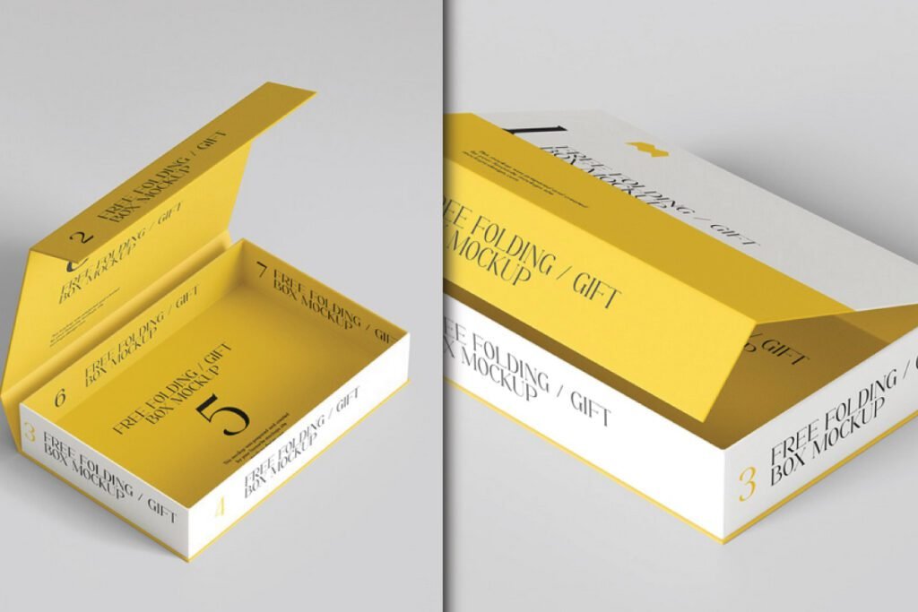Realistic Rectangular Carton Folding Box Mockup PSD: Two views of a yellow and white gift box, one open to show the interior.