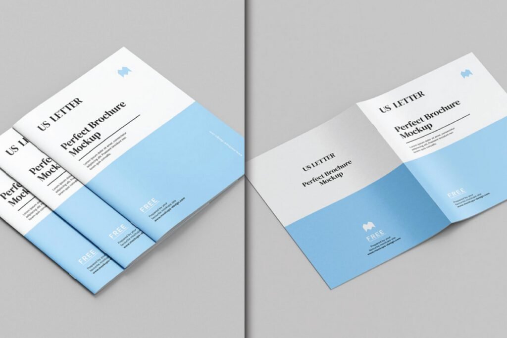 A stack of closed A4 Bi-Fold Brochure Mockup PSDs and one open A4 Bi-Fold Brochure Mockup PSD, all featuring a blue and white design.