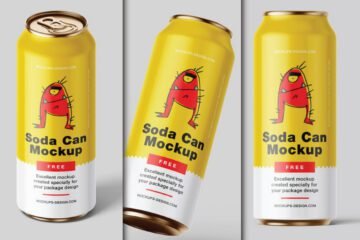 A three-panel mockup of a yellow aluminum beverage can with a red monster character on the label.
